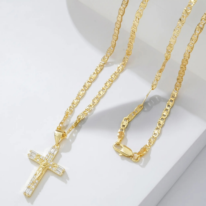 Baguette Crystal Jesus Cross Pendant Necklace, Vintage Iced Cross Necklace