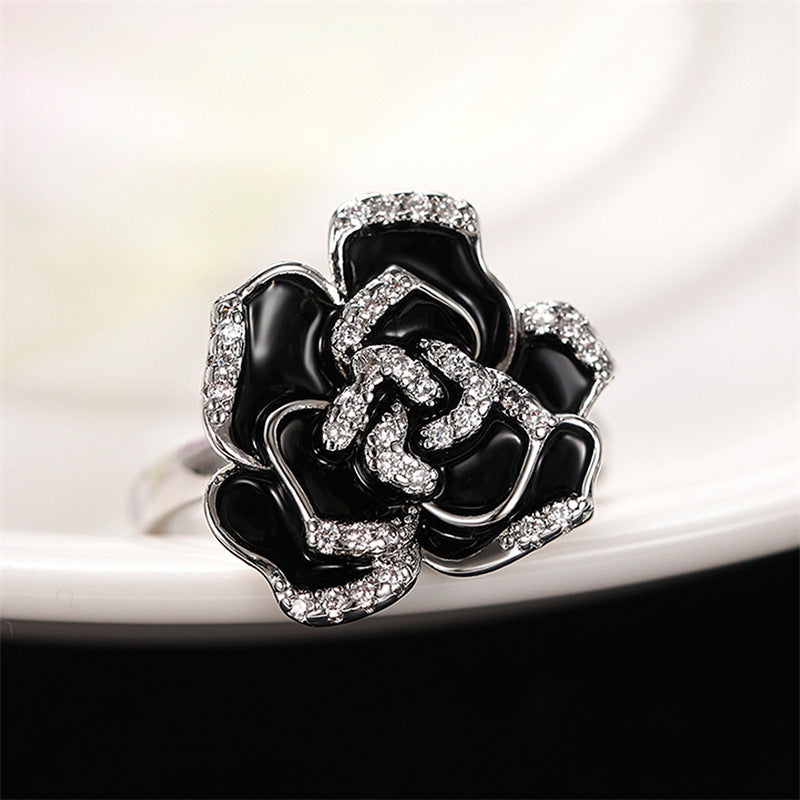 Black Enamel Camellia Pavé Ring (Luxury Vintage Elegant Band)