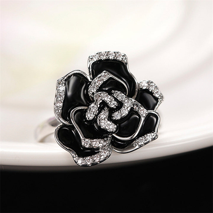 Black Enamel Camellia Pavé Ring (Luxury Vintage Elegant Band)