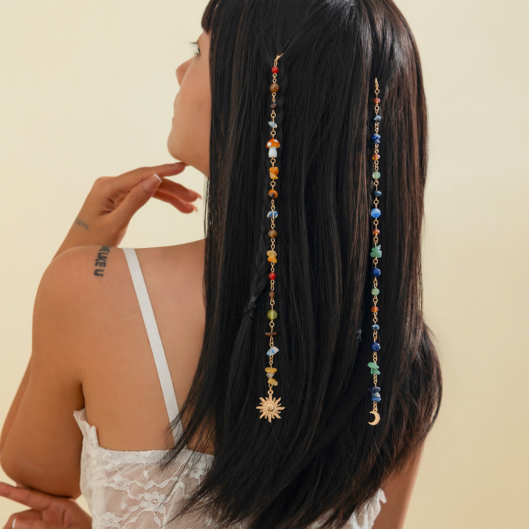 Chakra Natural Stone Sun & Moon Tassel Hair Chain, Bohemian Handmade Beaded Hair Accessory