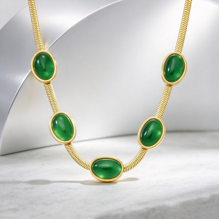 Vintage Oval Green Gemstone Snake Bone Necklace