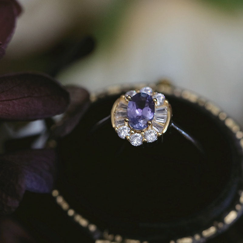 Oval Purple‑Diamond Halo Two‑Tone Vintage Ring