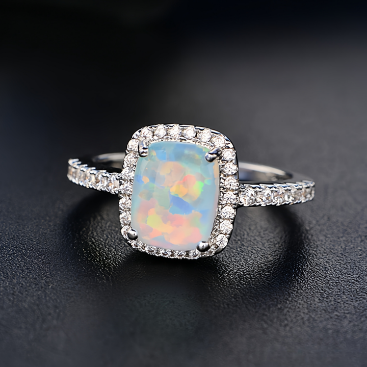 Opal Halo Square Sugar Ring (Light Luxury Niche Iridescent Band)
