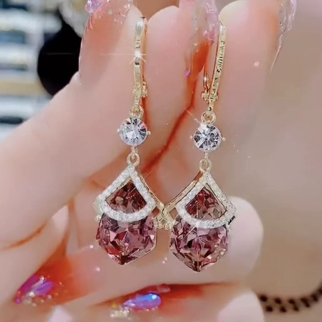 Pink Teardrop Diamond Drop Hoop Earrings