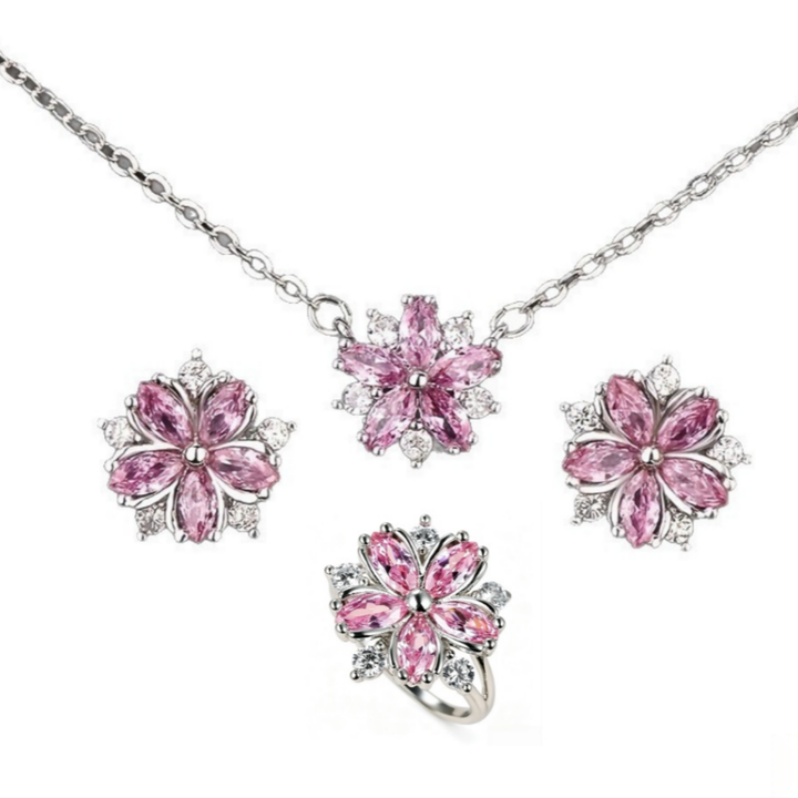 Pink Diamond Cherry Blossom Jewelry Set, Necklace Ring Earring 3‑Piece Kit