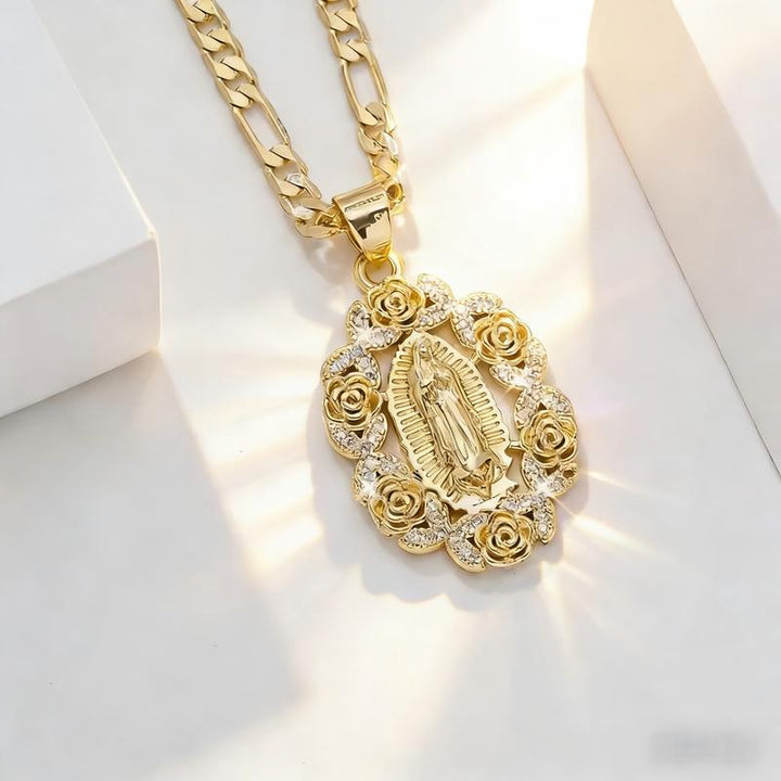 Rose Wrapped Virgin Mary Pendant Necklace, Vintage Gold Cuban Chain Mary Necklace