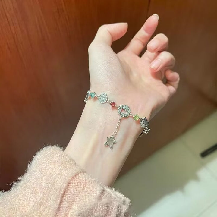 Cute Cartoon Charm Multi-Color Diamond Bracelet (Antique Silver Y2K Women's Chain)
