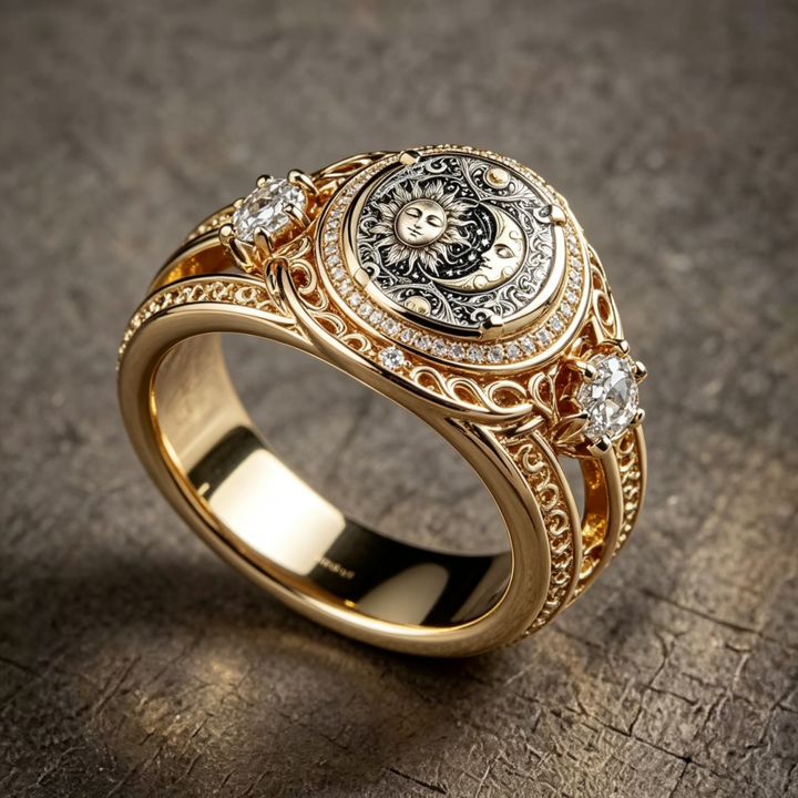 Vintage Sun Moon Embossed Hollow Diamond Ring, S925 Silver 14K Gold Plated Royal Carved Luxury Band For Couple