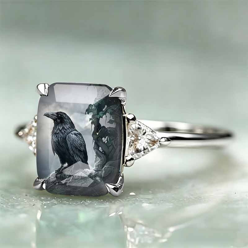 Rectangle‑Shape Crow Printed Ring, Two‑Tone Options