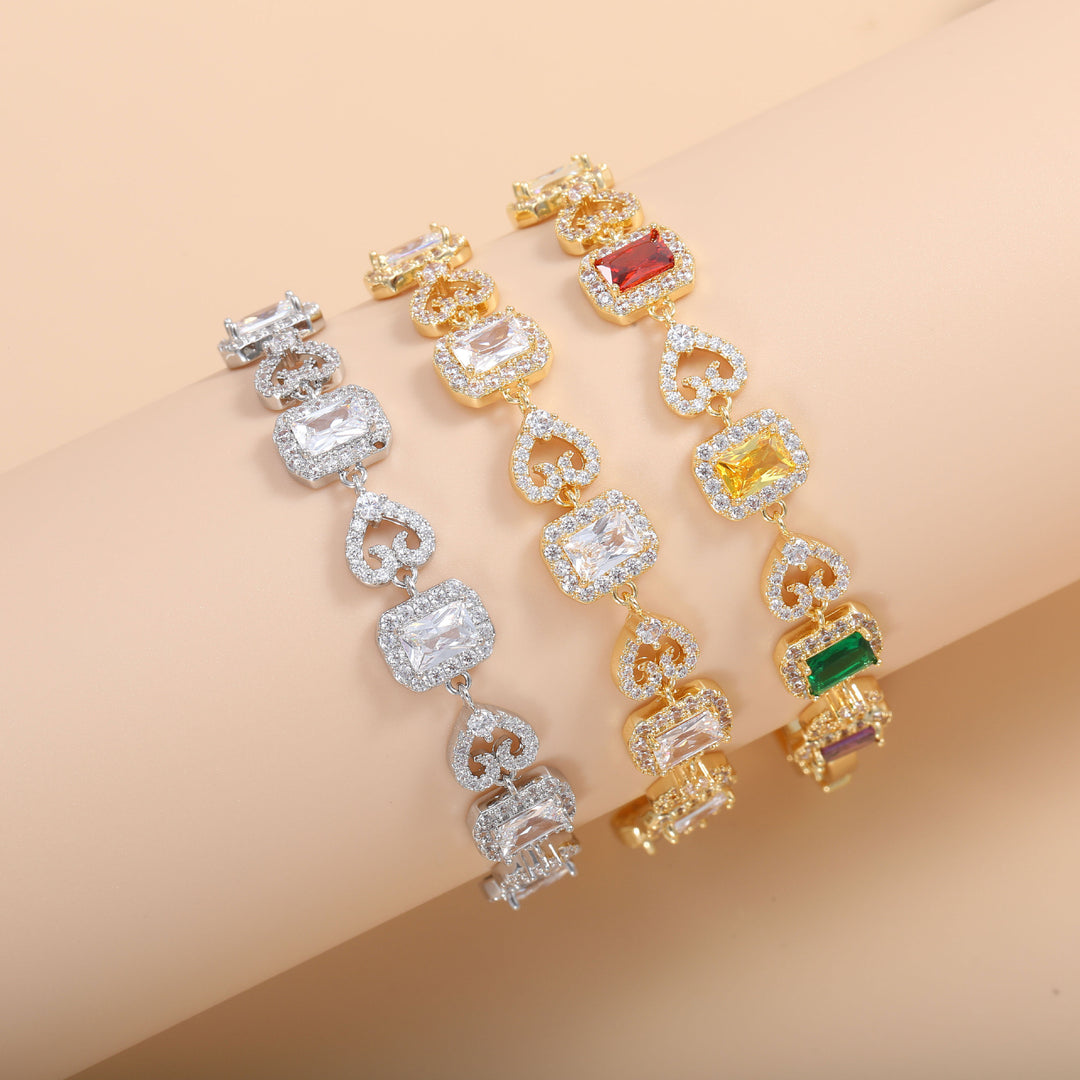 Heart & Rectangle Alternating Luxury Bracelet, 3 Styles Silver/Gold/Multi-Color Gem Women Jewelry