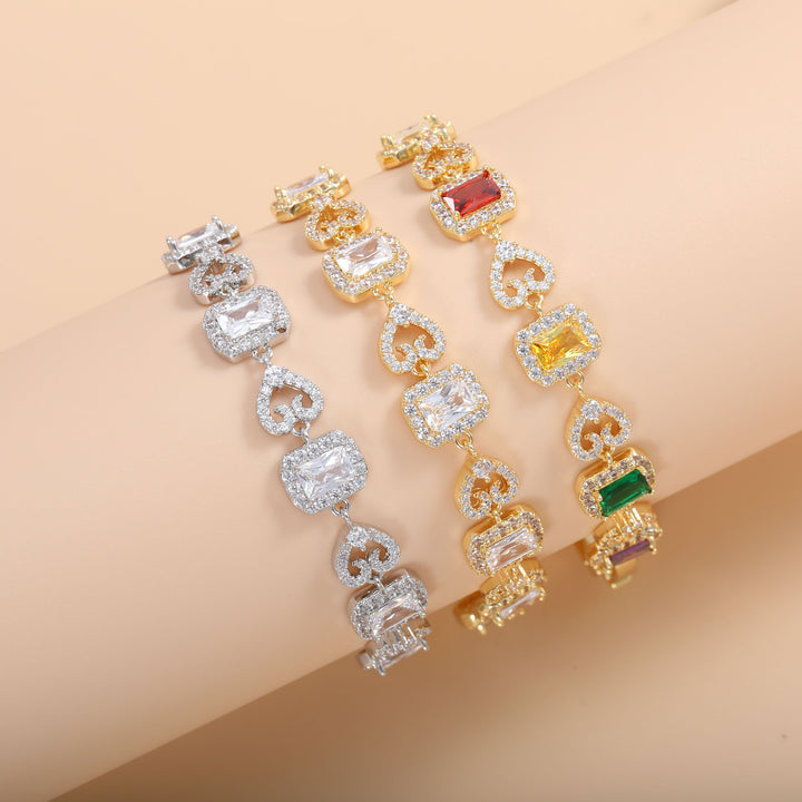 Heart & Rectangle Alternating Luxury Bracelet, 3 Styles Silver/Gold/Multi-Color Gem Women Jewelry