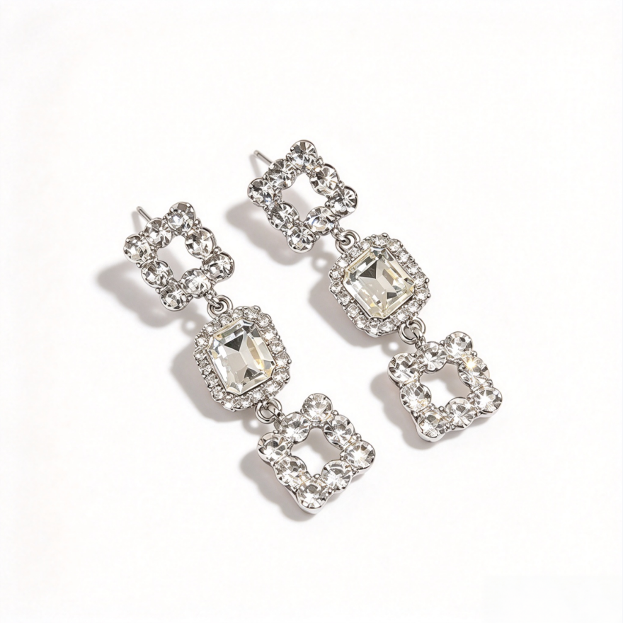 Vintage Stacked Square Diamond Long S925 Silver Dangle Earrings, Gorgeous Palace Style Square Diamond Drop Earrings
