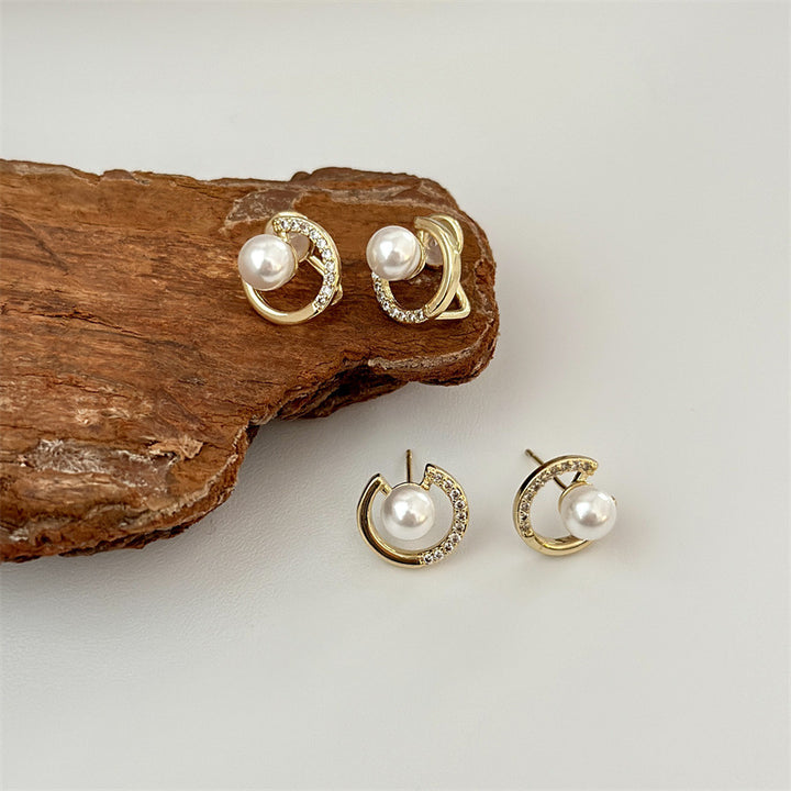 Crescent Paved Diamond Pearl S925 Silver Stud Earrings, Minimalist Luxury C-shaped Pearl Small Earrings