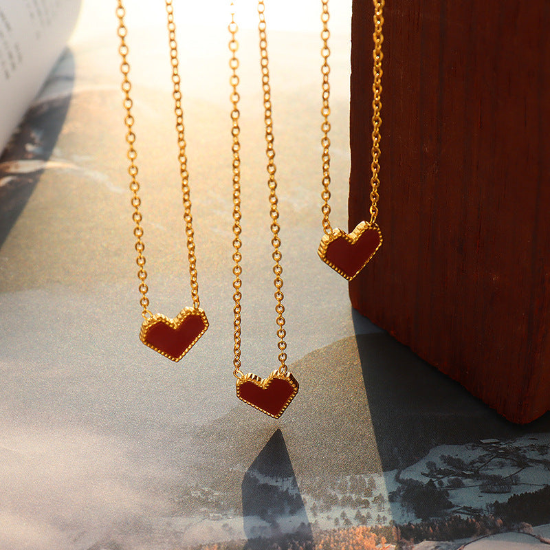 Red Enamel Heart Slim Chain Choker (Minimalist Vibe Sweet-Cool Necklace)