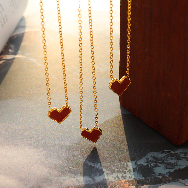 Red Enamel Heart Slim Chain Choker (Minimalist Vibe Sweet-Cool Necklace)