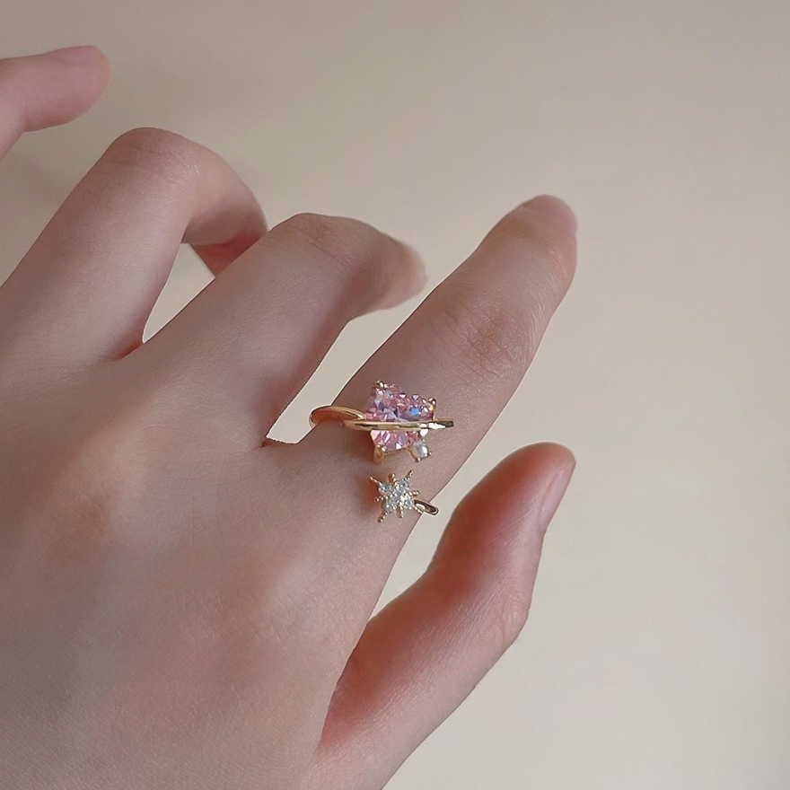 Planet‑Style Heart Pink Diamond Star Open Ring, Two‑Tone Options