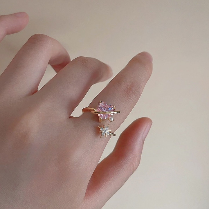 Planet‑Style Heart Pink Diamond Star Open Ring, Two‑Tone Options