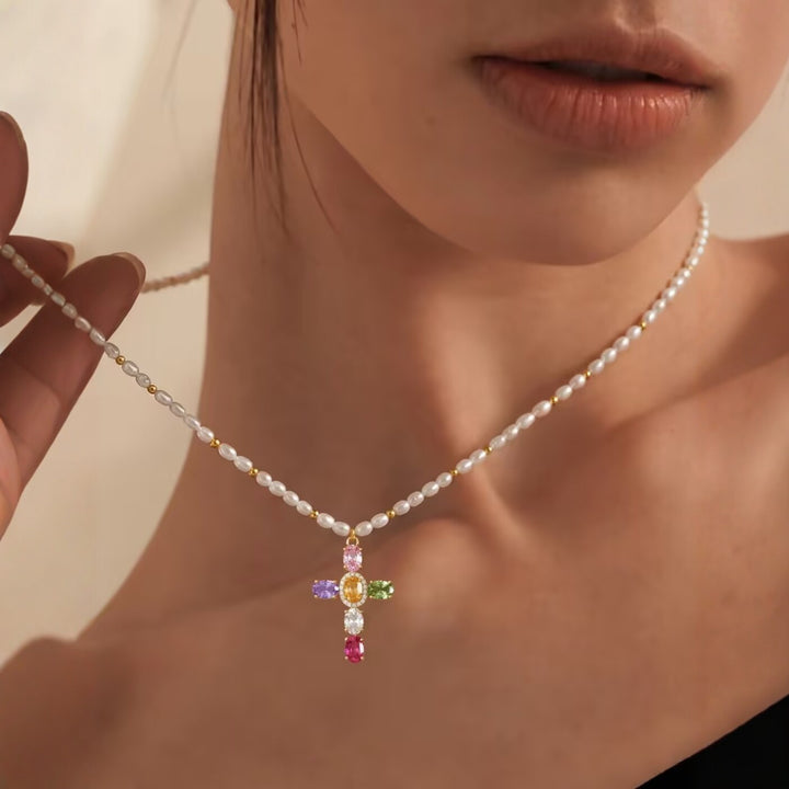 Colorful Gem Cross Pendant Necklace, Two Styles Available