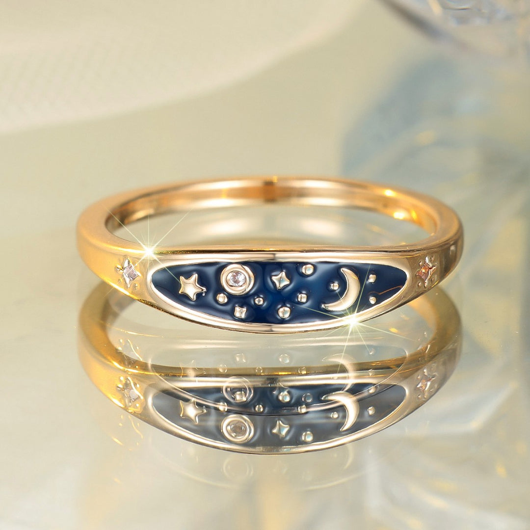 Starry Sky Moon & Star Enamel S925 Silver Ring, Dark Blue Enamel Minimalist Ring, 2 Colors Available