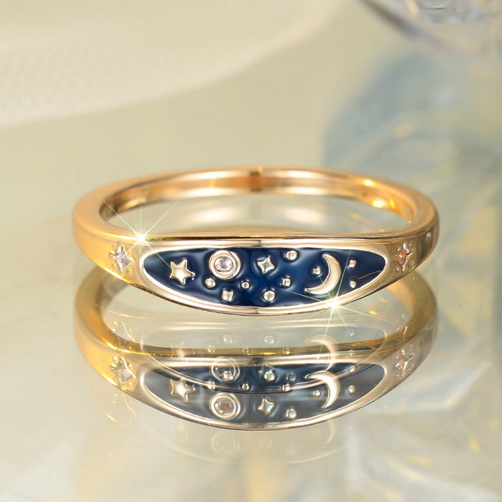 Starry Sky Moon & Star Enamel S925 Silver Ring, Dark Blue Enamel Minimalist Ring, 2 Colors Available