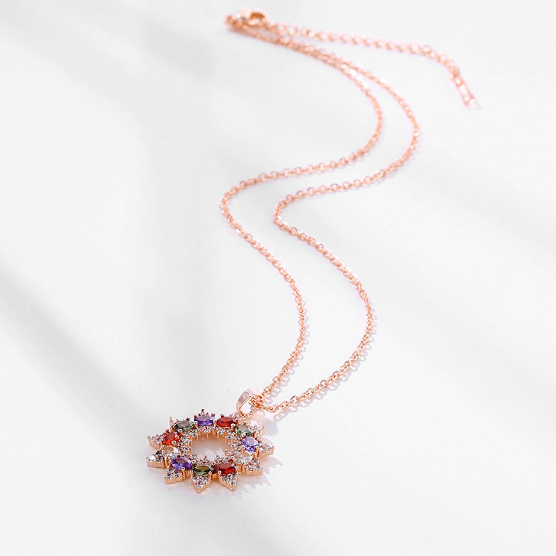 Multi-Color Gem Wreath Snowflake Rose Gold Pendant Necklace