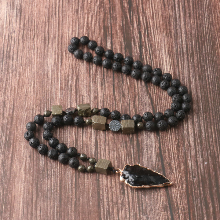 Lava Stone Pyrite Arrow Obsidian Pendant Long Necklace, Vintage Dark Style Stackable Necklace