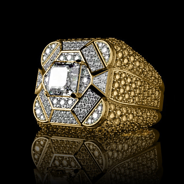 Geometric Mosaic Pave Diamond Square Center Stone Men’s Gold Ring, Solid S925 Silver Gold-Plated Heavy Wide Statement Band for Men