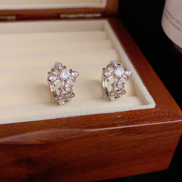 Vintage Cross Pavé Huggie Earring Set (Light Luxury Niche Edgy Earrings)