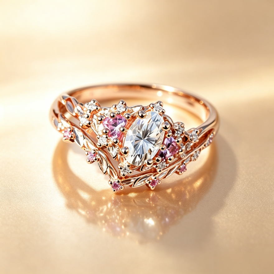 Rose‑Gold‑Tone Oval‑Center Stone Floral‑Leaf Multi‑Stone Ring Set