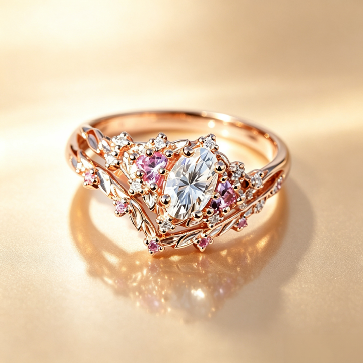 Rose‑Gold‑Tone Oval‑Center Stone Floral‑Leaf Multi‑Stone Ring Set
