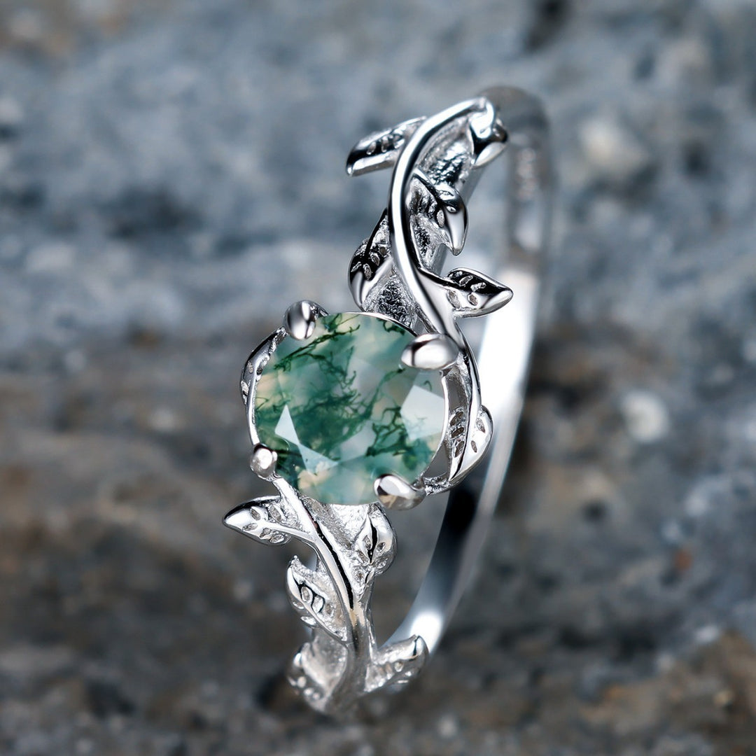 Vine & Moss Agate Nature-inspired Ring, Vintage Silver Tone Green Gemstone Band