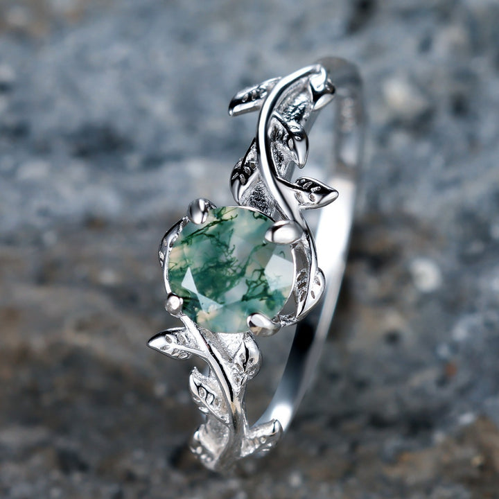Vine & Moss Agate Nature-inspired Ring, Vintage Silver Tone Green Gemstone Band