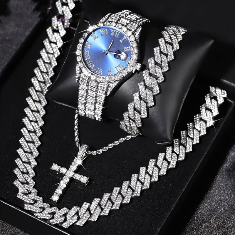 Men's Iced Out Jewelry 4-Piece Set, Hip Hop Diamond Watch with Calendar + Cuban Bracelet + Cross Pendant Necklace Gift Set