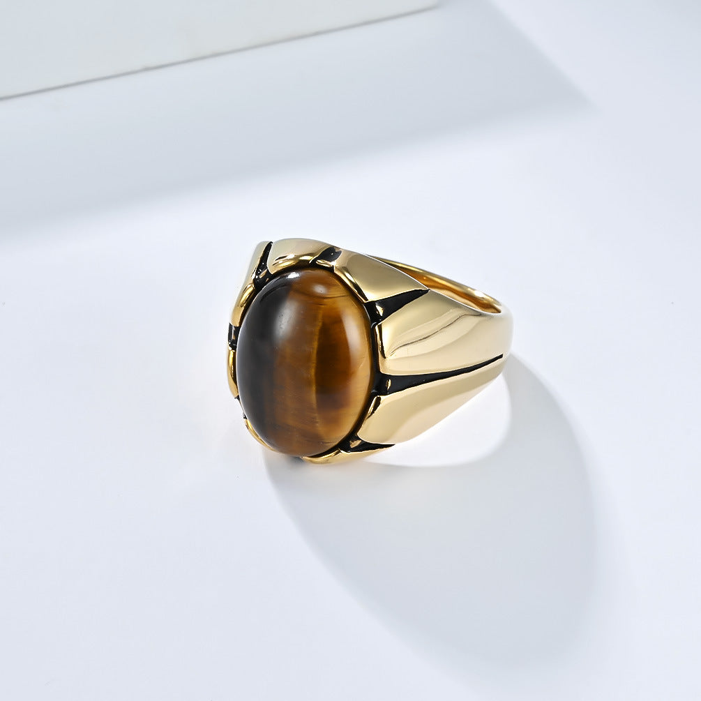 S925 Silver Oval Cabochon Gemstone Men Ring, Geometric Setting Tiger's‑Eye & Black Onyx Wide Band for Men