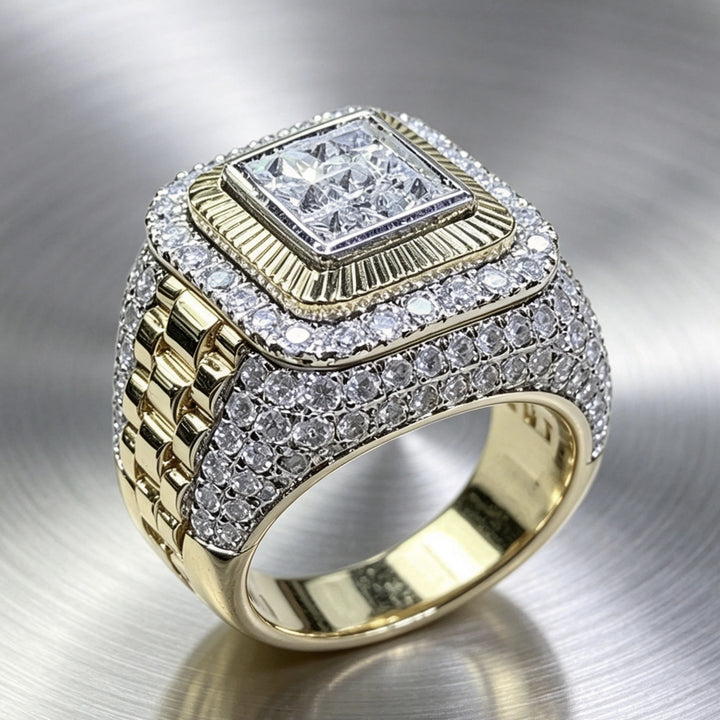 Hip Hop Square Paved Diamond Men Ring, Double Layer Square Watch Band Texture Heavy Titanium Steel Band Gold Silver Male Jewelry