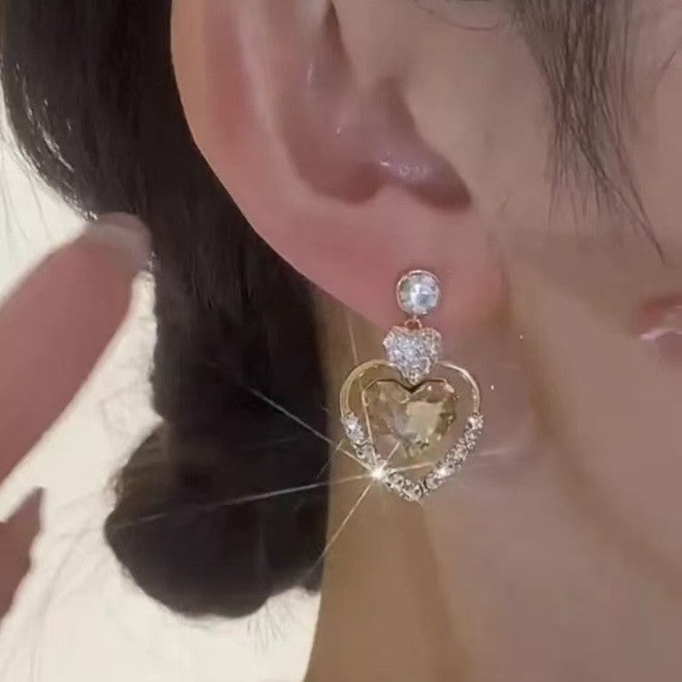 Double Heart Pavé Champagne Gold Drop Earrings (Luxury Gentle Sweetheart Jewelry)