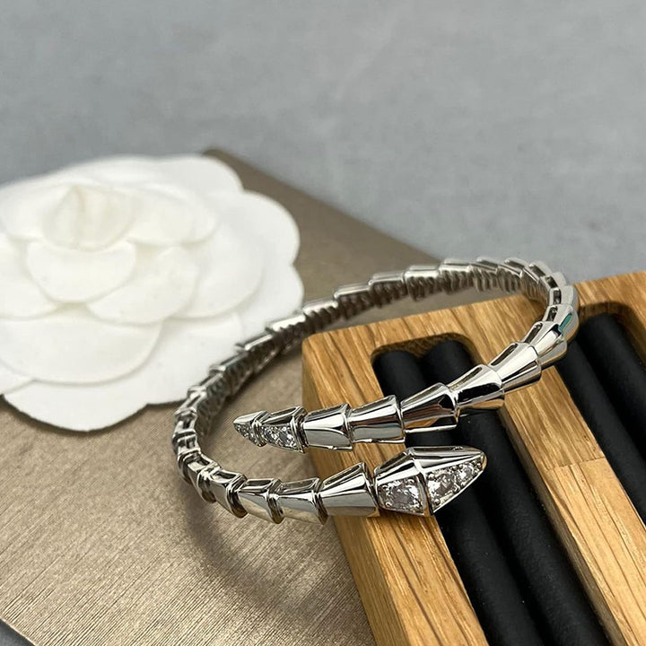 Segmented Snake Diamond Open Bangle, Gold Silver Rose Gold Paved Rhinestone Serpent Cuff Bracelet