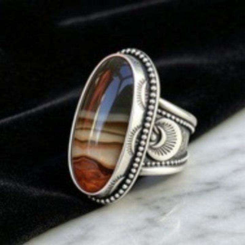 Western Style Oval Landscape Agate Vintage Totem Wide Ring, S925 Silver Antiqued Native Ethnic Men’s Band