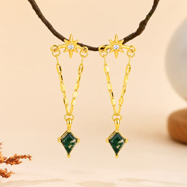 Eight‑Pointed Star Chain Dangle Earrings, S925 Silver Long Drop Earrings With Rhombus Green Gemstone
