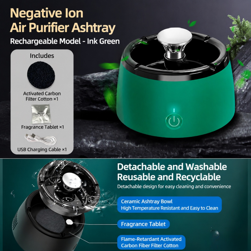 Negative Ion Rechargeable Purifying Ashtray, Activated Carbon Smoke & Odor Remover Multi-Function Desktop Smoking Tray, 2 Color Options