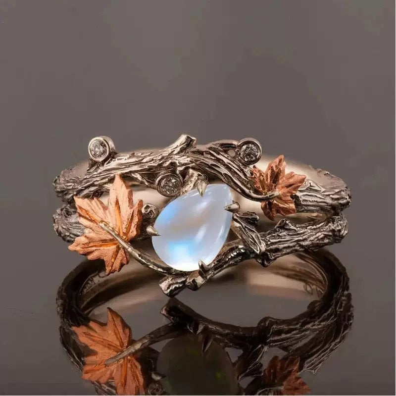 Two-Tone Vintage Branch Maple Leaf Moonstone Ring Set, Forest Style Artistic Stackable Closed Ring