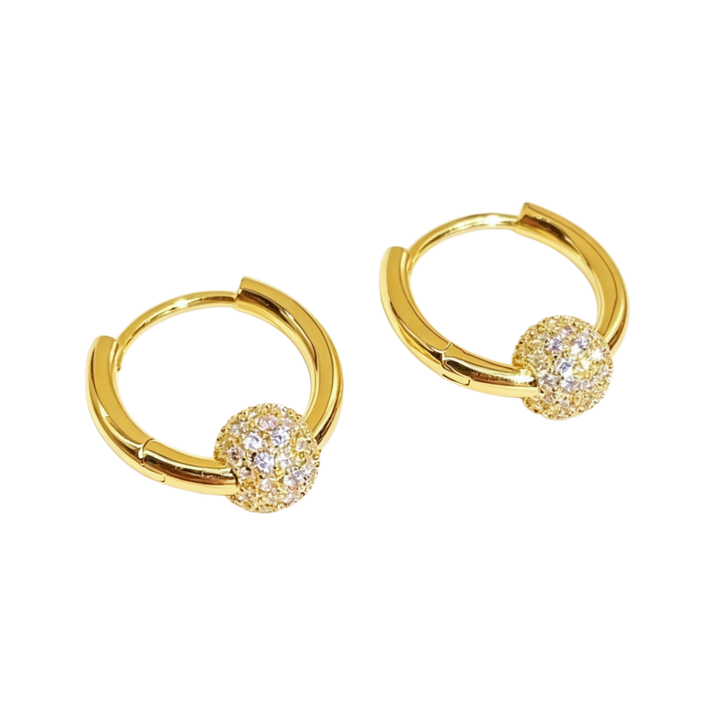 Pavé Crystal Ball Huggie Hoop Earrings, S925 Silver Luxury Slidable Diamond Bead Hoops