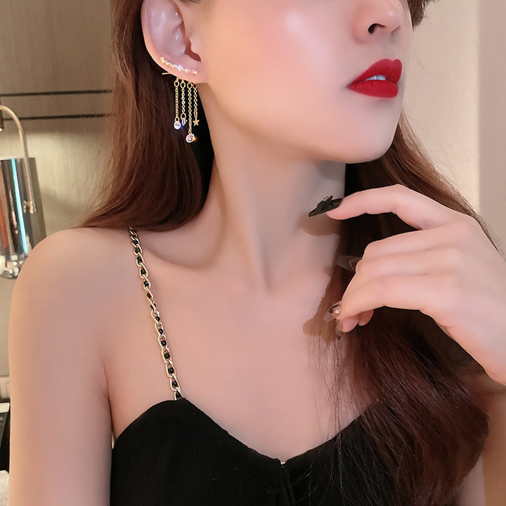 Star & Teardrop Diamond Tassel Stud Earrings, Luxury Long Chain Dangle Earrings, Gold & Silver Two Tones Available