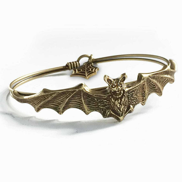 Vintage Bat Adjustable Bangle, Gothic Bracelet with Spider Web Charm, Antique Silver / Antique Bronze Two Tones