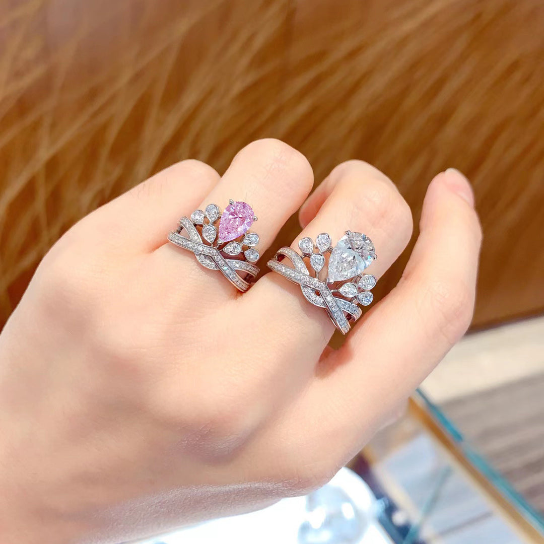 Crown Teardrop Gem Twisted Band Ring, Multi-Color Luxury Engagement Women Ring