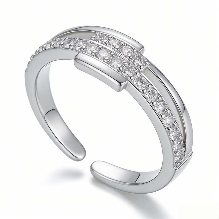 Double Layer Pave Cross Open Ring (2 Colors Delicate Adjustable Band)