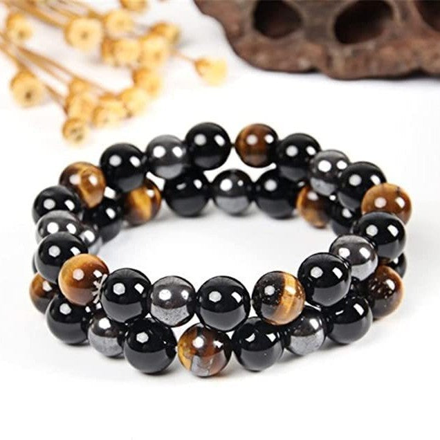 Obsidian Tiger's Eye Hematite Mixed Bead Bracelet, Men Multi‑Gemstone Single Strand Round Bead Bracelet, Unisex Vintage Jewelry