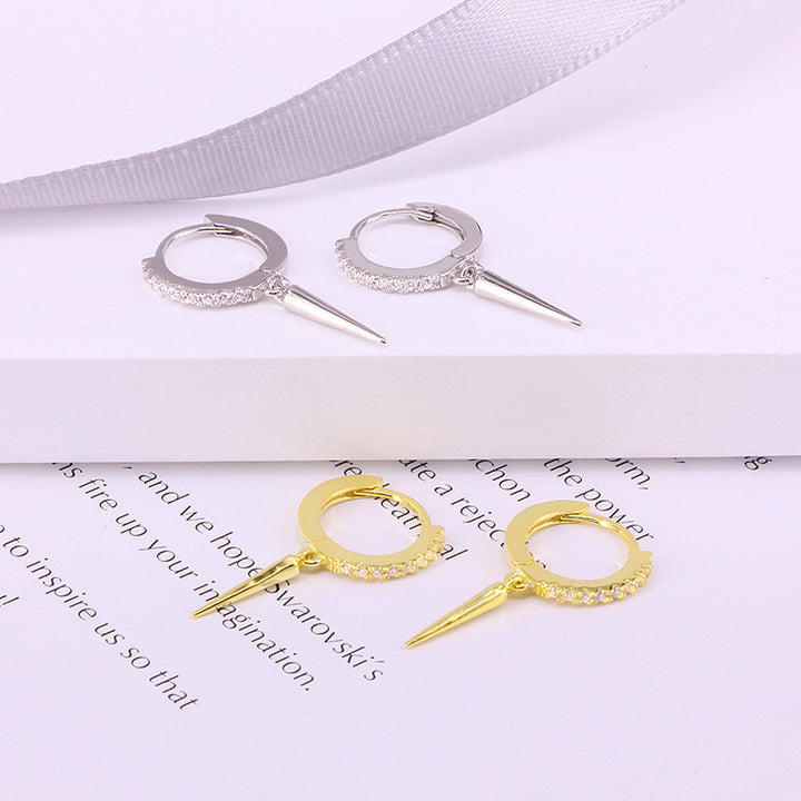 S925 Silver Pave Crystal Hoop Spike Dangle Huggie Earrings, Edgy Long Rivet‑Style Drop Earrings, Gold / Silver Two‑Tone