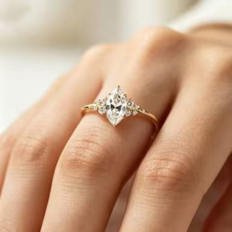 S925 Silver Marquise‑Cut Diamond Thin Ring, Minimalist Accent‑Stone Engagement Ring for Women