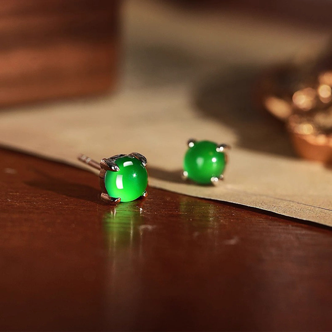 Round Green Chalcedony Four‑Prong Stud Earrings